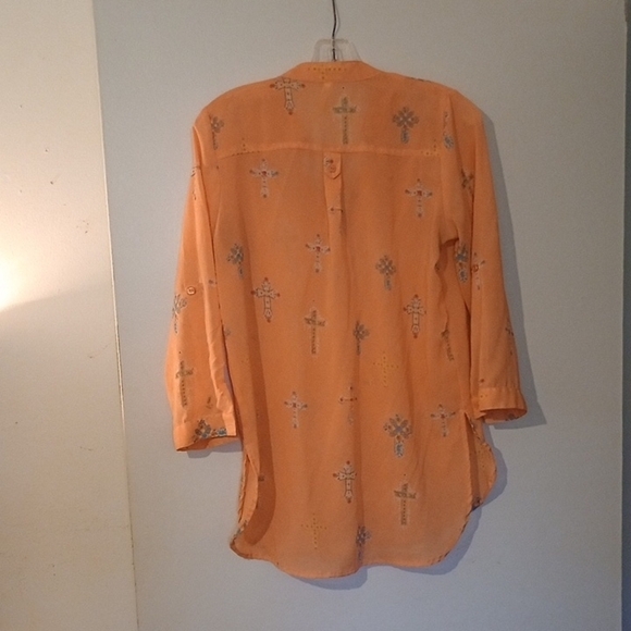 Womens Orange Button-Up Silky Blouse with Cross Pattern Size Medium - Picture 6 of 7